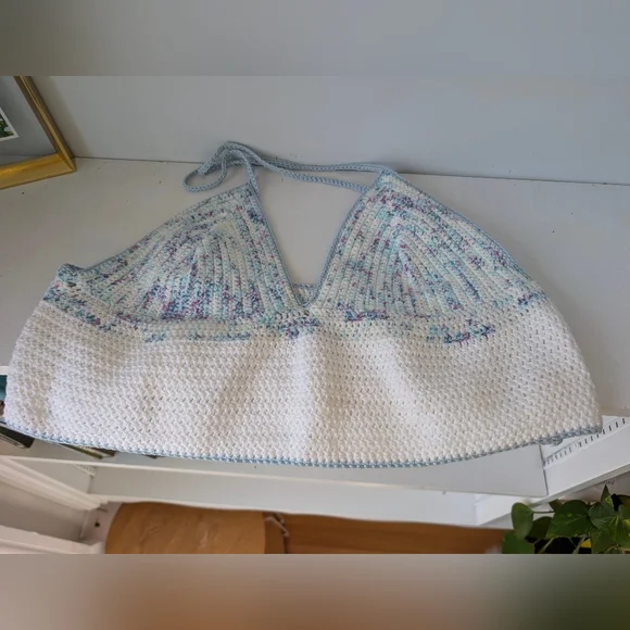Handmade Crocheted Bralette Tank Top Cropped Blue White Speckle Sz Medium - Picture 4 of 10